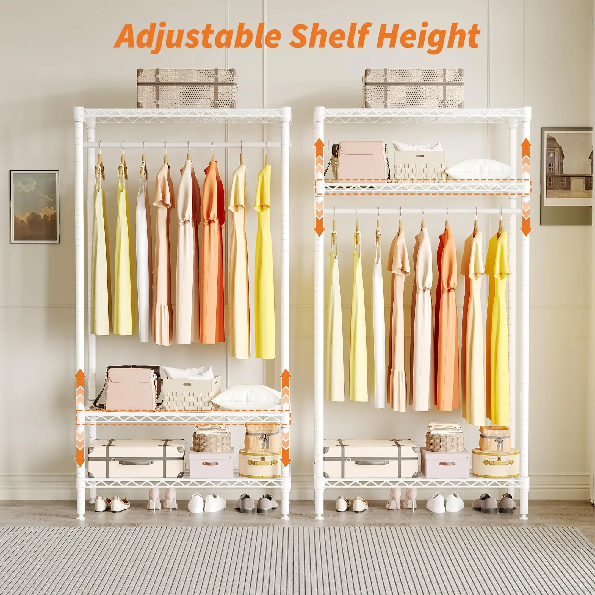 Garment Racks for Hanging Clothes Standing Clothes Rack, Freestanding Metal Clothing Rack with Multi Storage Shelves, Open Closet Organizer for Bedroom Laundry Room