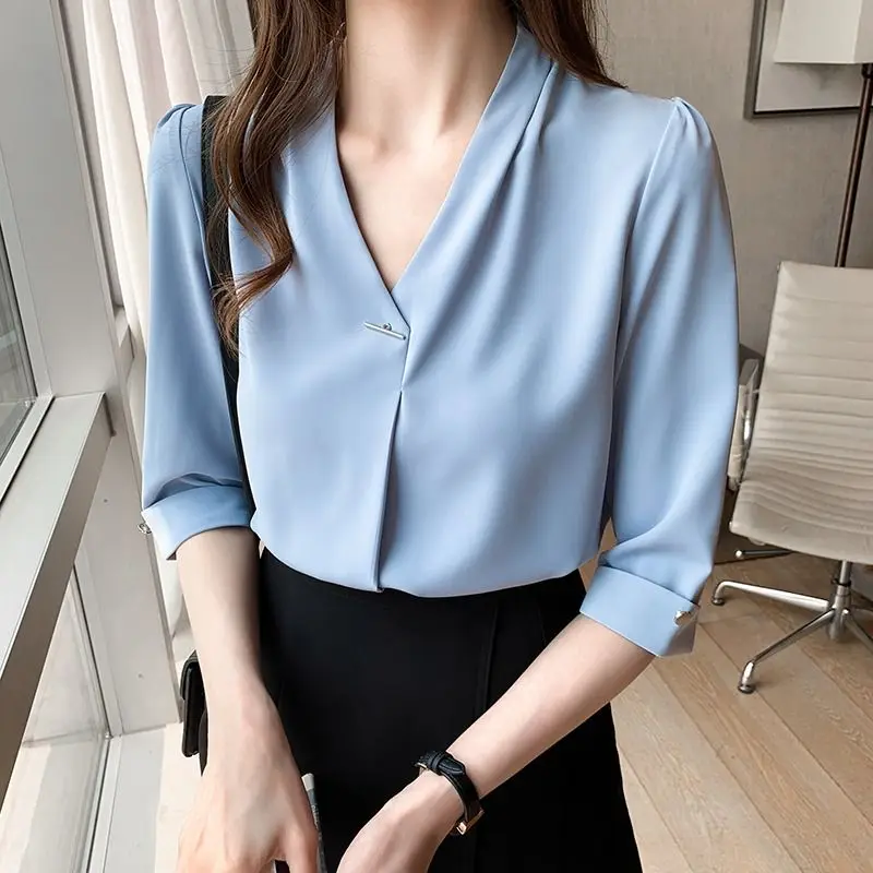 2024 Solid Women's Clothing Business Casual Interior Lapping Summer Fashion Office Lady Tops Ladies Half Sleeve Pullovers Shirts