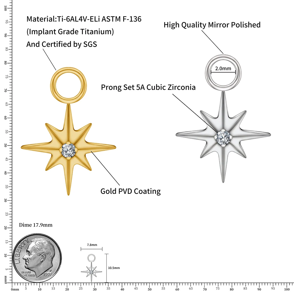 Right Grand ASTM F136 Titanium Starburst CZ North Star Charm Pendant for Ear Lobe Hoop Huggie Dangle Earrings