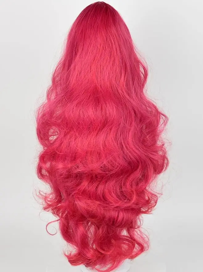 Długa Kręcona Peruka Cosplay z Grzywką w Kolorze Różowo-Czerwonym, Peruki Kucyk Anime w Kolorze Czerwono-Różowym, Urocze Peruki Kucyk dla Kobiet na Halloween