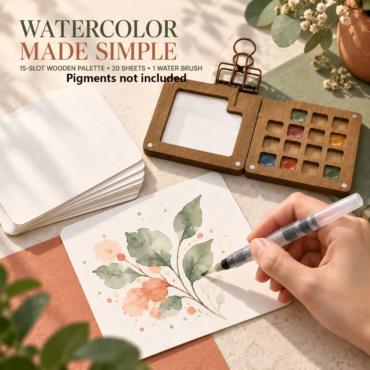 22pcs Portable Watercolor Painting Set with 15-Well Wooden Palette, Water Brush, 20 Watercolor Sheets Art Supplies for Beginner