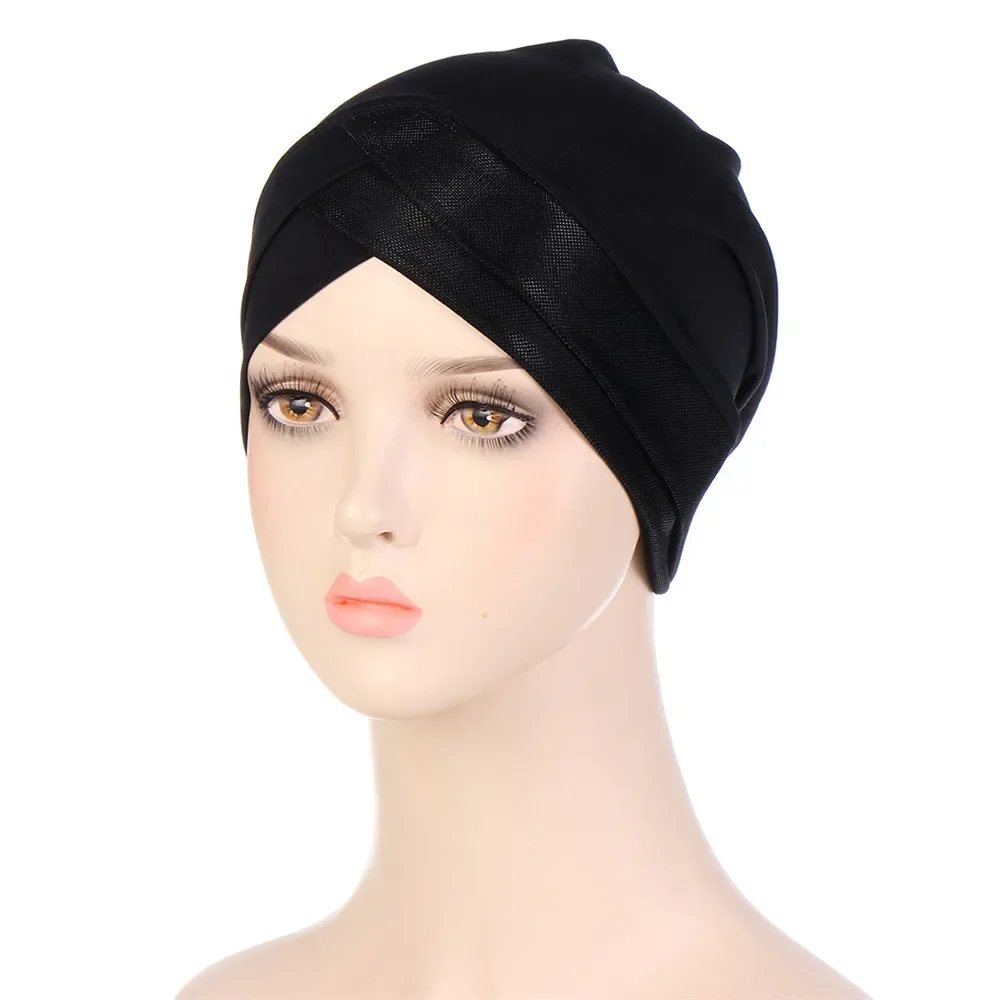 Shiny Glitter Muslim Women Cross India Hijab Inner Hat Chemo Caps Strech Bonnet Headwrap Scarf Underscarf Beanie Turbantes Mujer