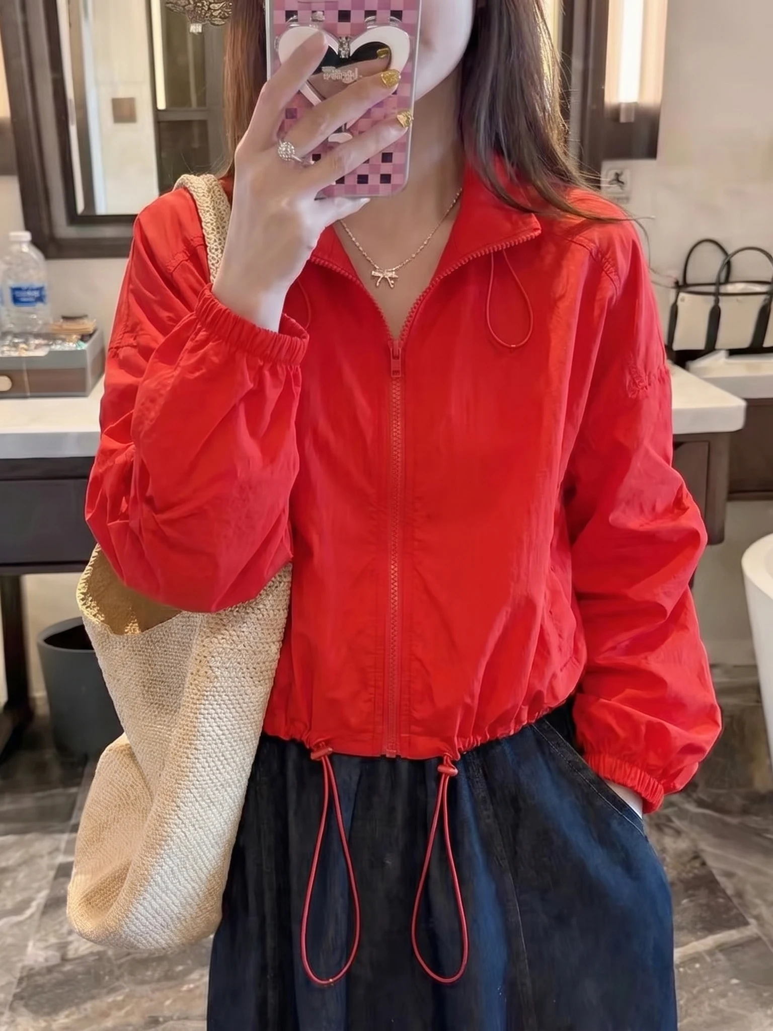 

Spring Summer Loose Fit High Waist Drawstring Stand Collar Women's Lightweight Sun Protection Shirt Red Jacket Ball Game Coat