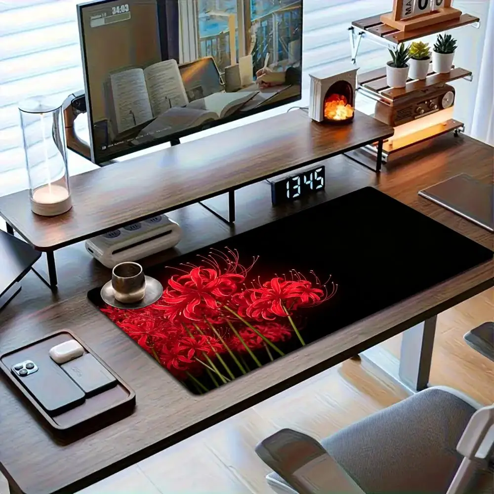 Mousepad Red Spider Lily With Scattered Petals On Dark Surface Elegant Oriental Floral Non Slip Table Mat For Office Laptop