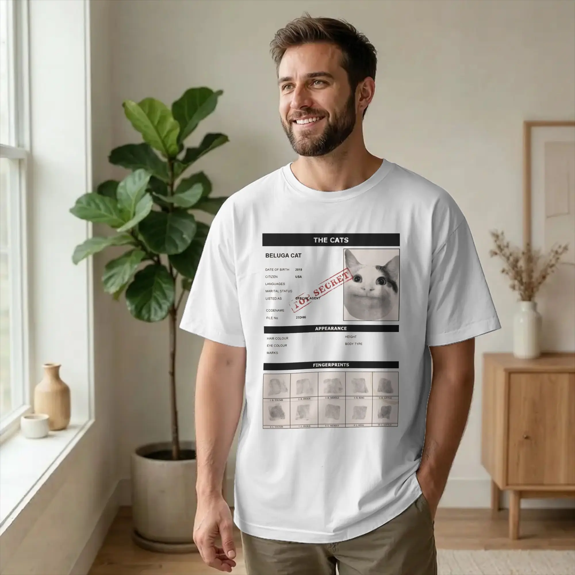 Beluga Cat Agent Top Secret Meme T Shirt Men's Pure Cotton Novelty T-Shirt Crew Neck Funny Tee Shirt Short Sleeve Tops Graphic