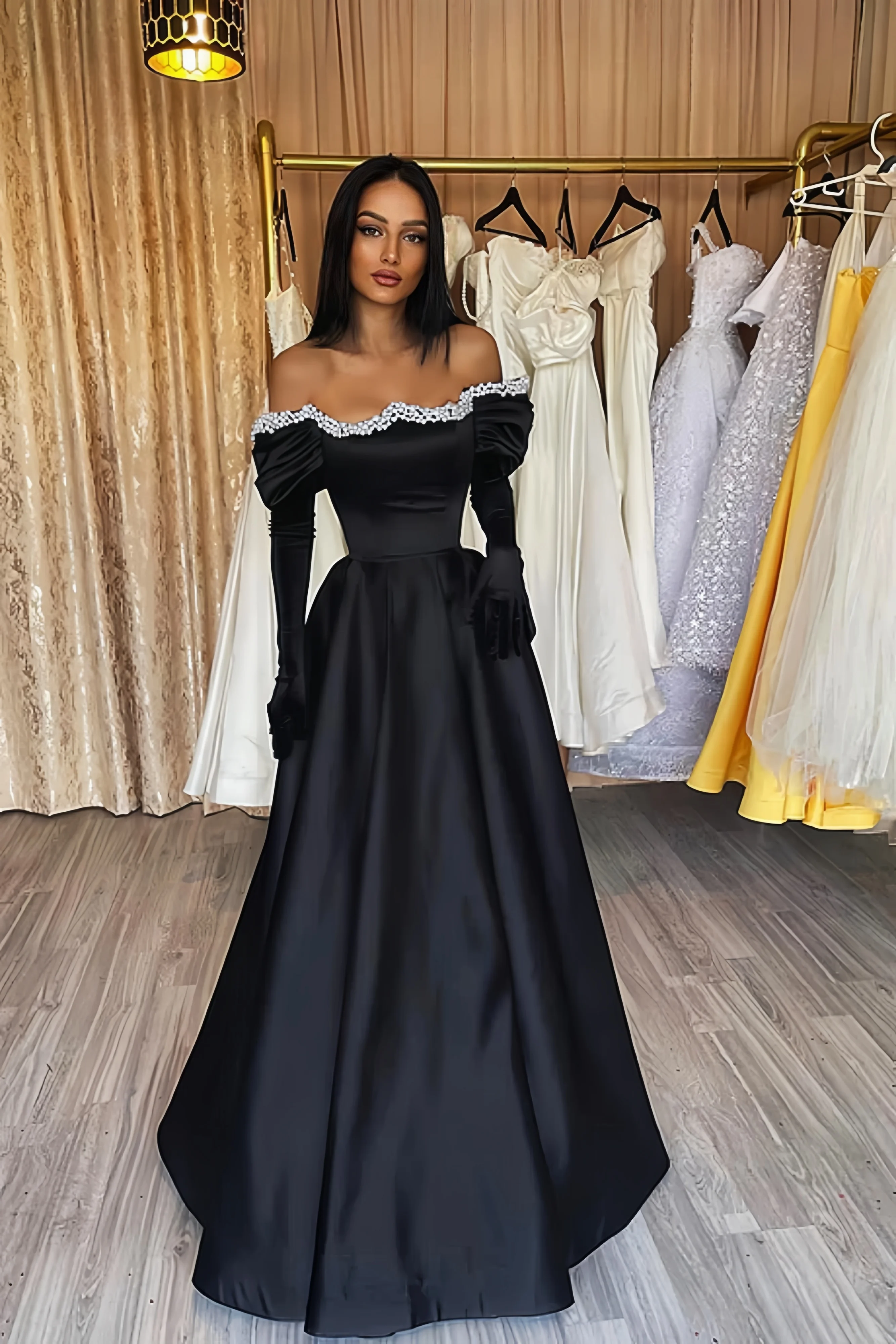 Stylish Black Prom Dress A-Line Sweetheart Neckline Satin Long Sleeves Off-The-Shoulder Pearl Formal Occasion Evening Dress