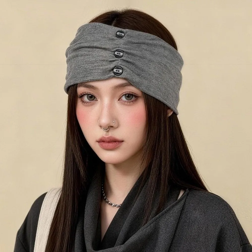 Vintage Elastic Wide Button Headband Pleated Outdoor Women Headband Travel Soft Head Wrap for Students Daily