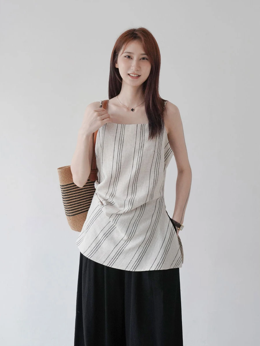 

Новинка 2025: Женский летний корейский топ в стиле ретро с асимметричными полосатыми бретелями, расшитый бисером, плиссированный, свободного кроя, для повседневной носки