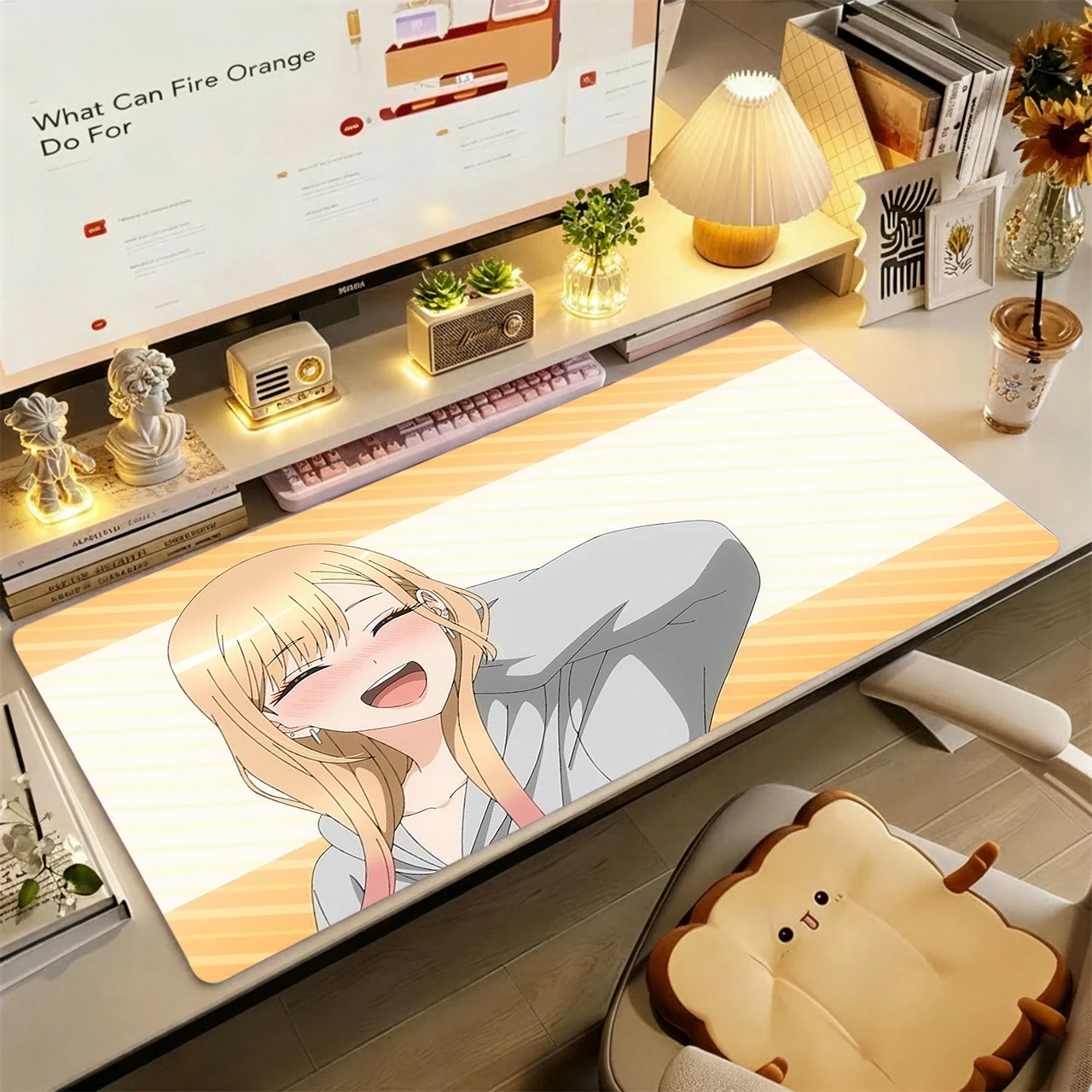 Anime Mouse Pad Gamer XXL Keyboard Table Mat Light Orange Stripe Warm Tone Anime Lady Multi Scene Office Gaming Home Desk Mat