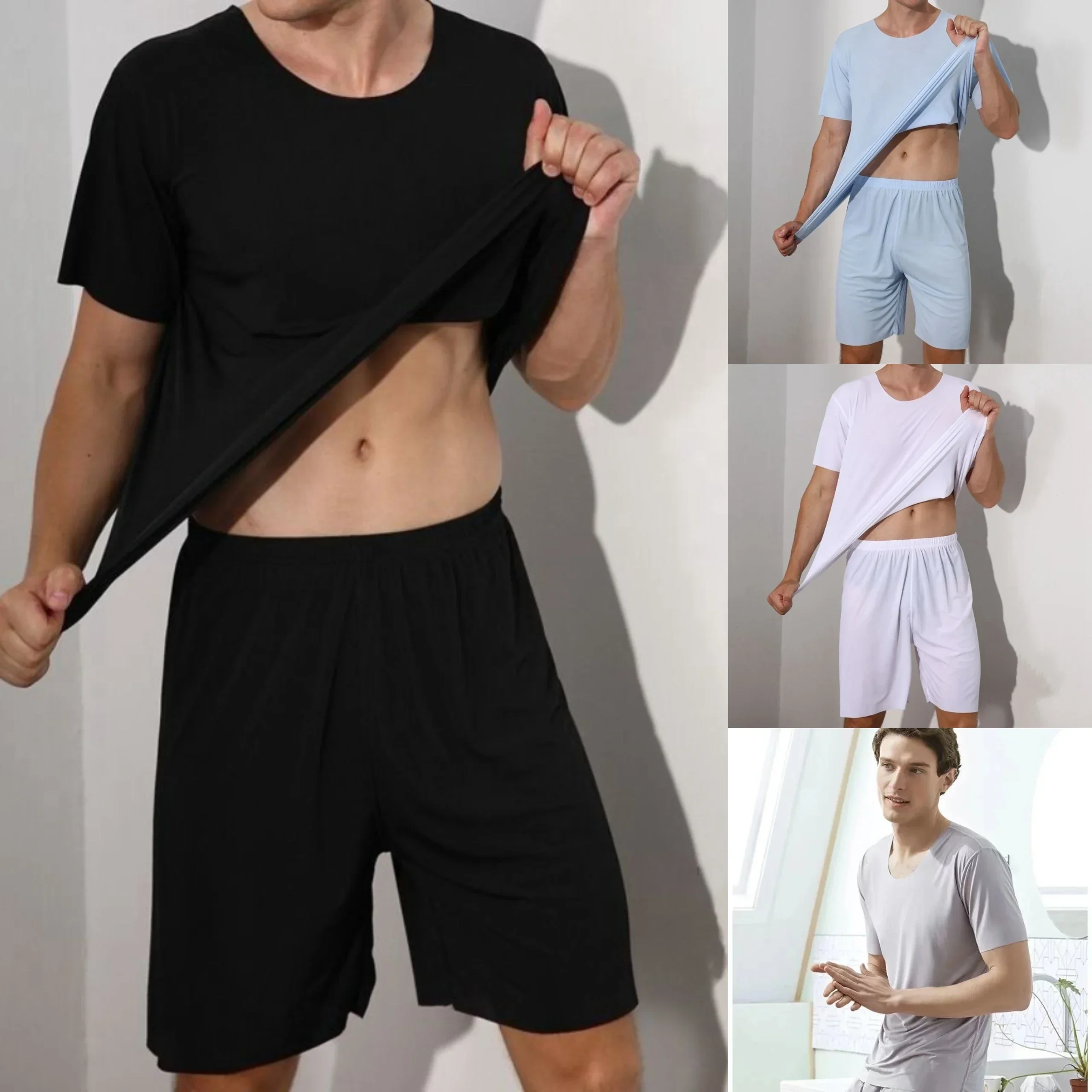 

Men's two-piece ice silk pajamas Loungewear men's Plus Size Pajamas Home Set Men's summer thin modal short sleeve pajamas