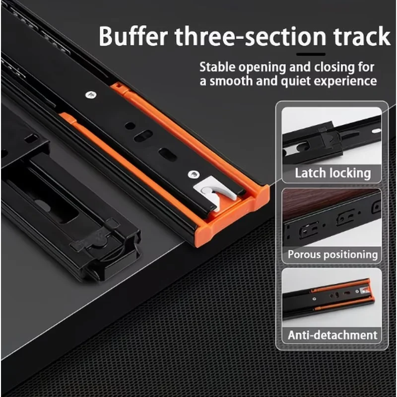 2Pcs Metal Buffer Drawer Slides 12-20 Inch Track Width 45mm Mute Three-Section Rail Sliding Furniture Hardware Fittings
