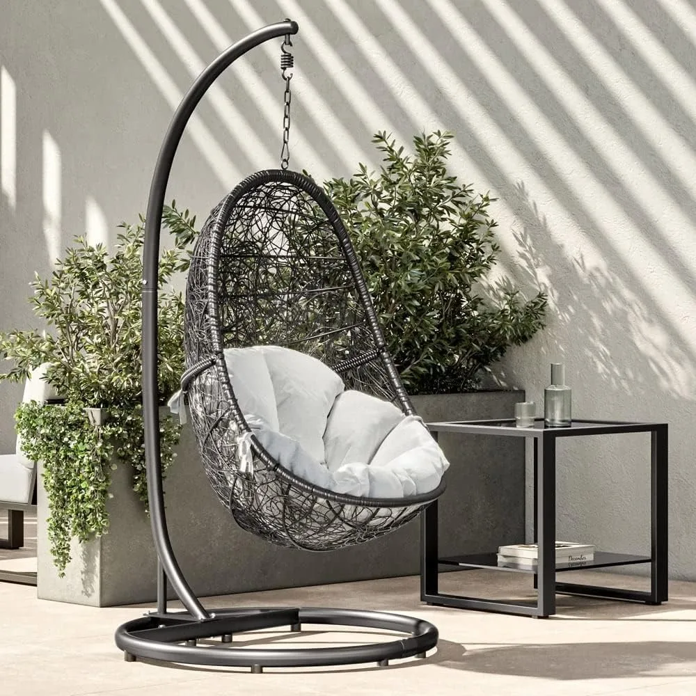 Furniture Modern Reef Black Basket Swing Chair White Cushion with Stand