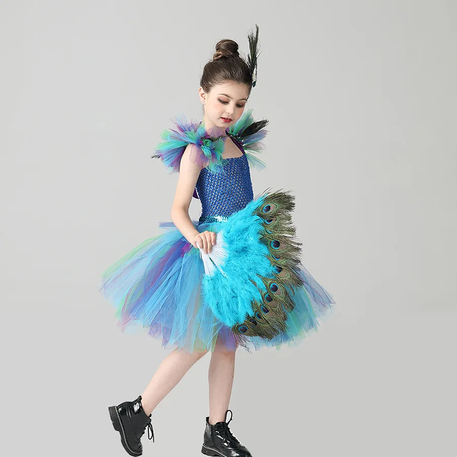 Peacock Enfant Kleid, Pfauenfeder-Cosplay, Karnevalskostüme für Kinder, Halloween, Karneval, Purim, Pfauen-Prinzessinnen-Set – Detail 3