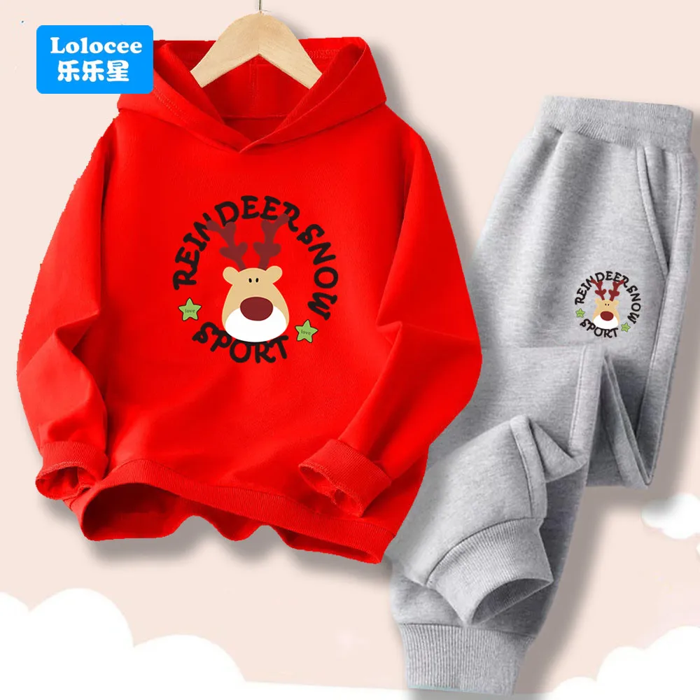 Kinder Weihnachtsoutfit Rentier Print Hoodie & Jogginghose Set Junge Mädchen Lässige Sportbekleidung Hochwertige Kinderkleidung LSDLT1
