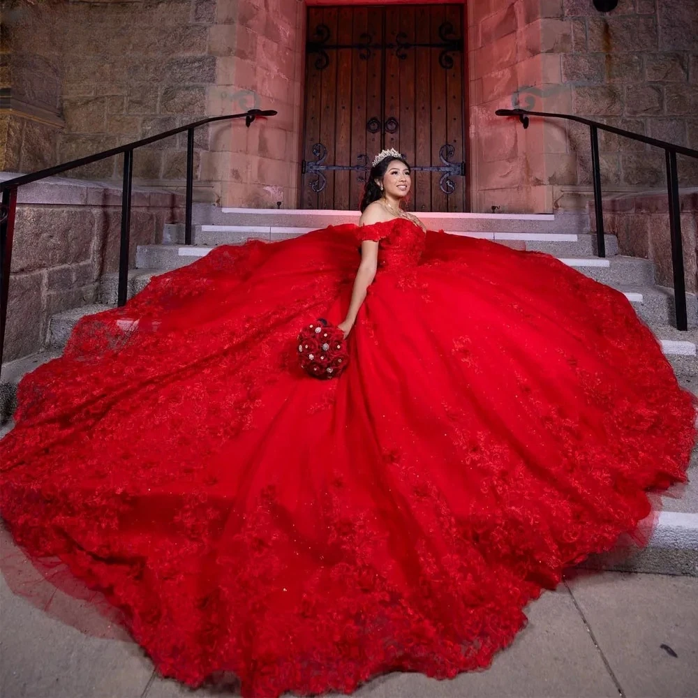 Vestidos de Quinceañera de princesa roja, vestido de baile sin hombros, apliques de tul, dulce 16 vestidos, 15 Años, mexicano