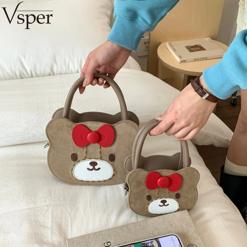 

Сумки с ручкой Vsper Lovely Bear Design для девочек, сумка через плечо в двух размерах, повседневная уличная сумка из искусственной кожи, милые мини-сумочки