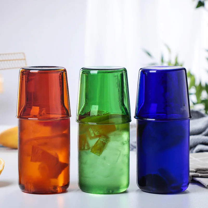 1 Set 450ml 15oz Bedside Water Carafe and Glass Cup Set Heat Resistant Healthy Blue Amber Green Color Glass Pitcher Tumbler Cup