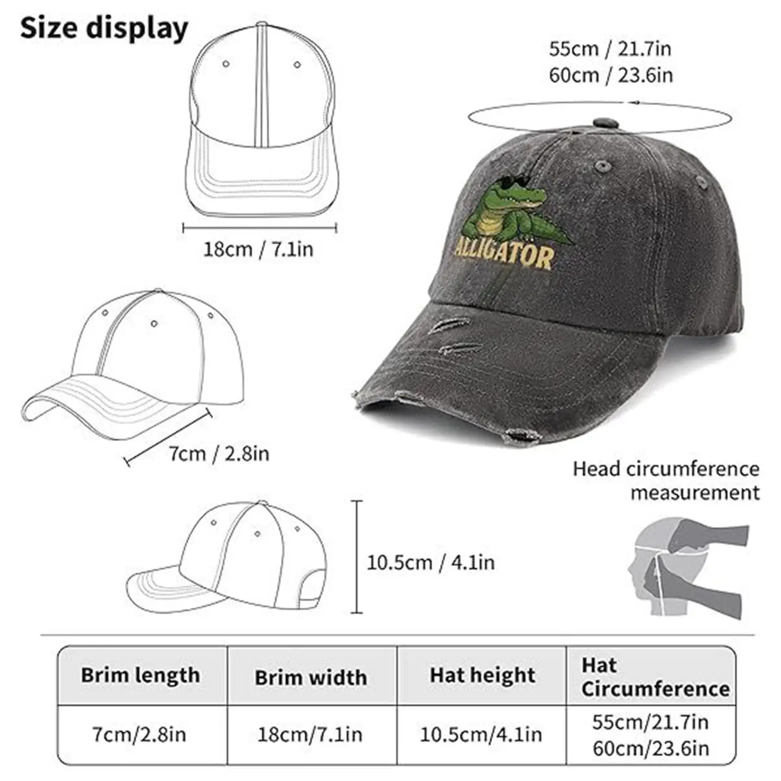 Baseball Hat Men's Hat With Alligator Design Breathable Sun Protection Adjustable Headwear Vintage Style For Hiking Running