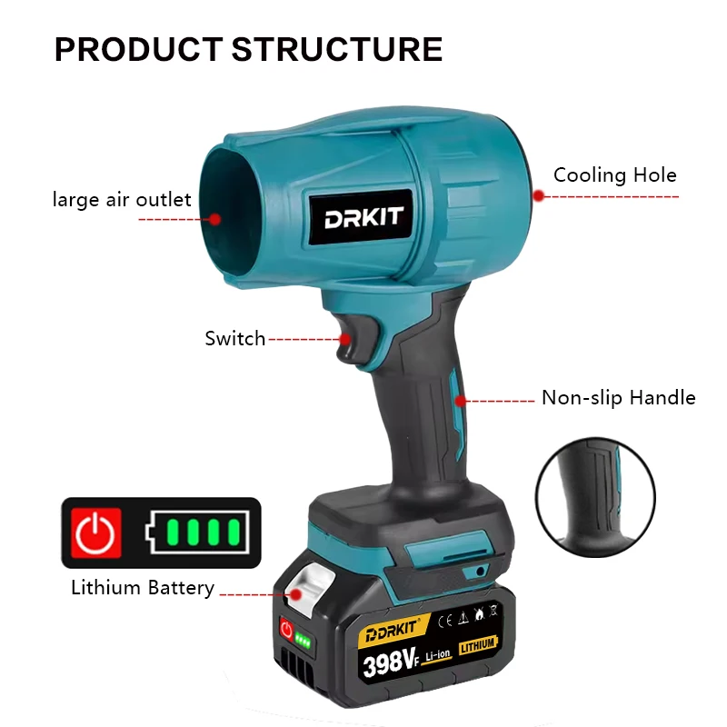 DRKIT-soplador de aire eléctrico inalámbrico sin escobillas, 1500W, Turbo Jet, herramienta de eliminación de polvo y nieve para batería Makita de 18V