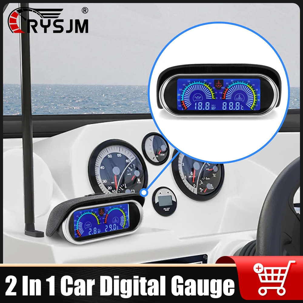 Car LCD 2 in 1 Gauge Oil Pressure and Water Temperature Meter with Alarm for 12V24V Vehicle with Temp Sensor Oil Press Sensor