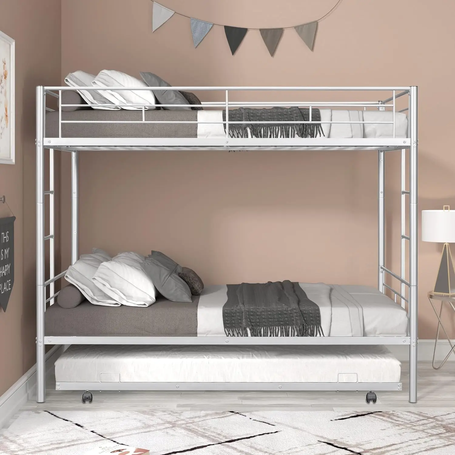 

Twin Over Twin Metal Bunk Bed with Trundle Heavy Duty Bunk Beds Frame with 2 Side Ladders, Bunkbed with Safety Guard Rails,Metal