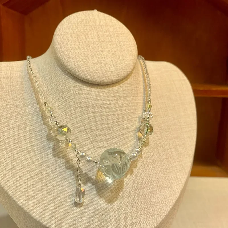 Green Crystal Ball Fox Summer Mori Small Fresh Beaded Necklace Women's Accessories Sweet Temperament Design Clavicle Necklace