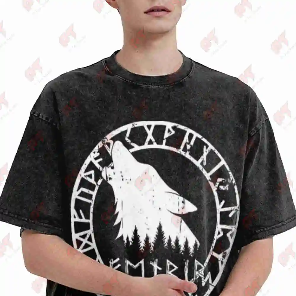 Schildmaiden Expresser Fenrir Wolf Runen Mystisches Wikinger Vintage Washed Tee Pure Cotton T-Shirt