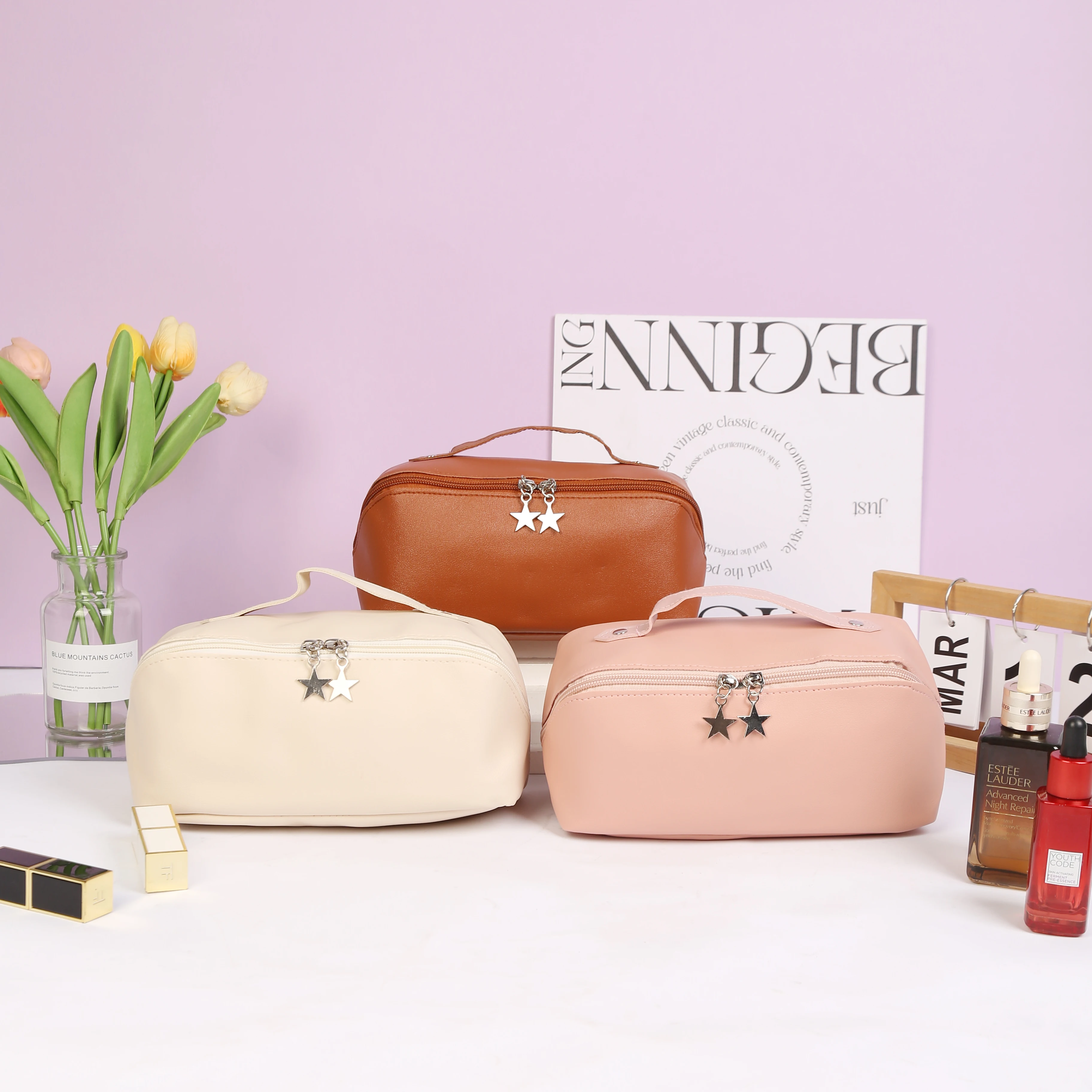 

Cosmetic Bags For Women Elegant PU Leather Make Up Pouch Travel Toiletries Organizer Storage Hangbag Korean Carry-on Makeup Tote