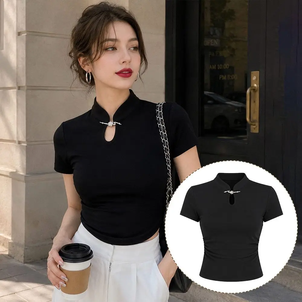Fashion Chinese Style T Shirt Slim Fit Frog Button Closure Summer Top Elastic Stand Collar Thin Pullover for Women