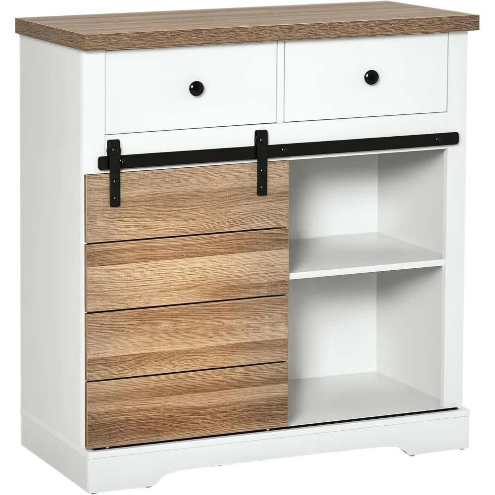 Farmhouse Coffee Bar Cabinet, Barn Door Wine Cabinet with Storage, Sideboard Buffet Cabinet with Wine Racks for Kitchen, White