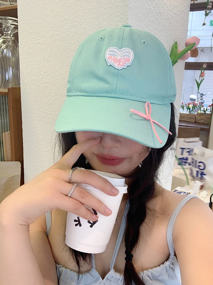Mint Wave Heart  Knot Wide Brim Baseball Cap Women's Summer Face Slimming Sun Protection Green Hat Casual Style