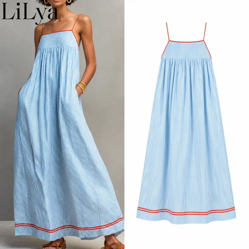 Elegant Blocking Stripes Backless Dress Summer Clothes Boho Frill Trim Beach Vacation Party Daily Office Fashion Long Dress
