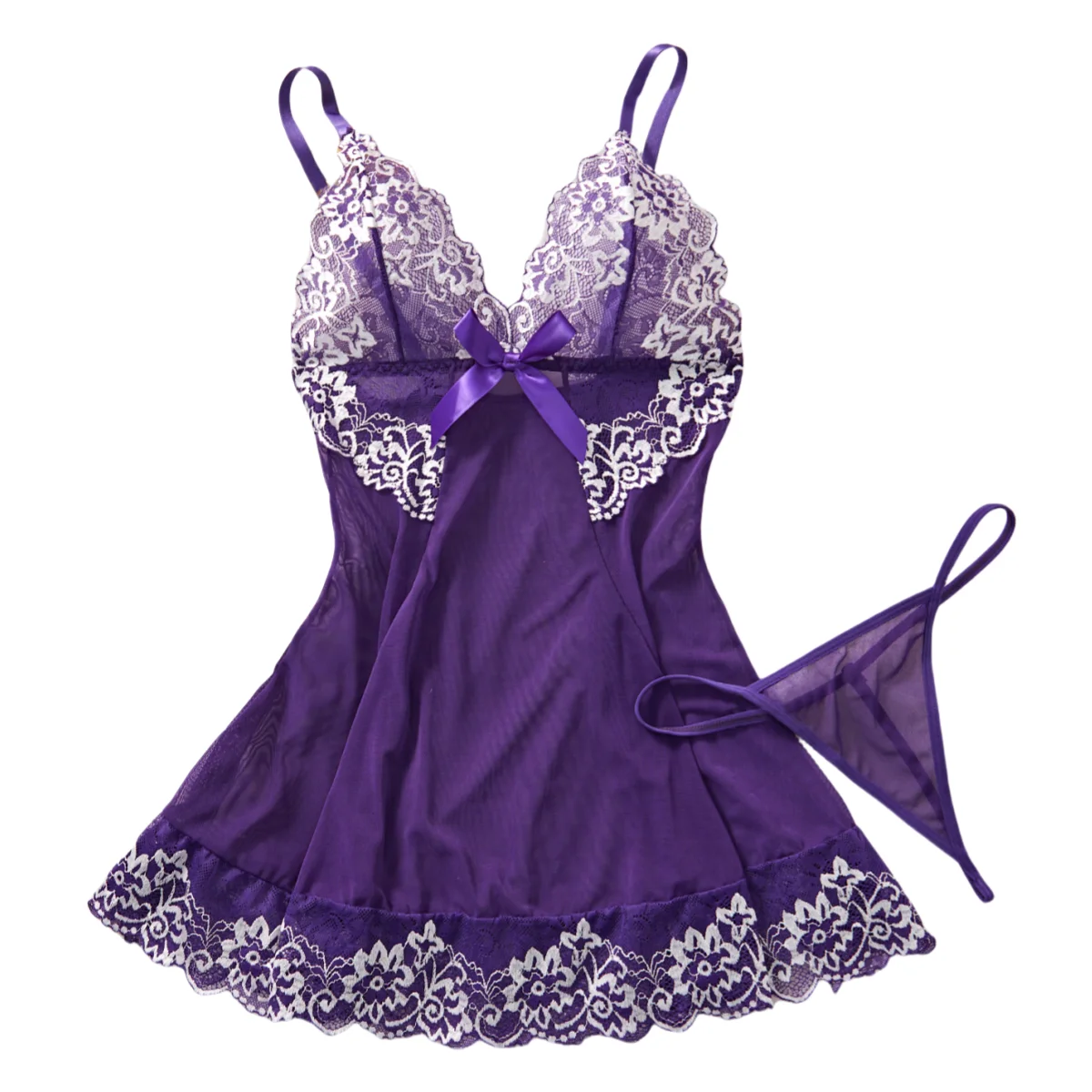 Sheer Purple Lace Chemise Women Lingerie Mesh Nightie Set