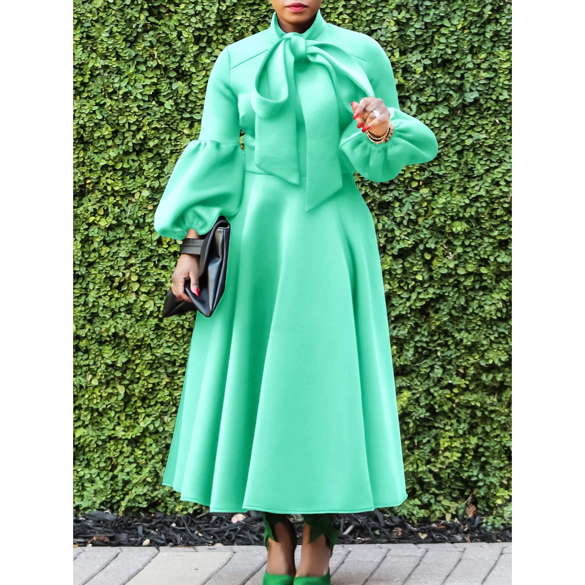 2024年春 ファッション ベルト付き ランタンスリーブ ハイウエスト ノット付き プラスサイズ マキシ丈 ロングスリーブ ポリエステル イブニングドレス