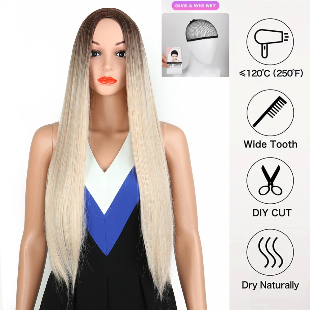 Long Straight Synthetic Wigs with Bangs Ombre Brown Blonde Cosplay Wig for Women High Temperature Natural Fake Hair