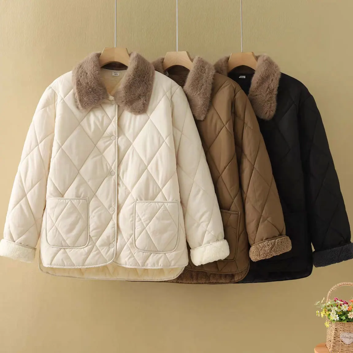 

2025Winter Women's Cotton Jacket Mid-Length Fur Collar Fleece Lined down Cotton Coat Duckling Cotton Outerwear