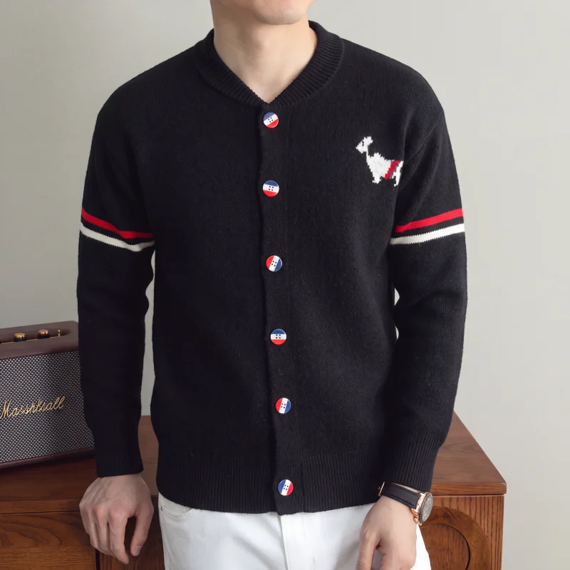 High end Brand Knitted cardigan Men Autumn Fashion Color Blocked Button Striped New Cartoon Dog Design Korean Youth Casual Coat