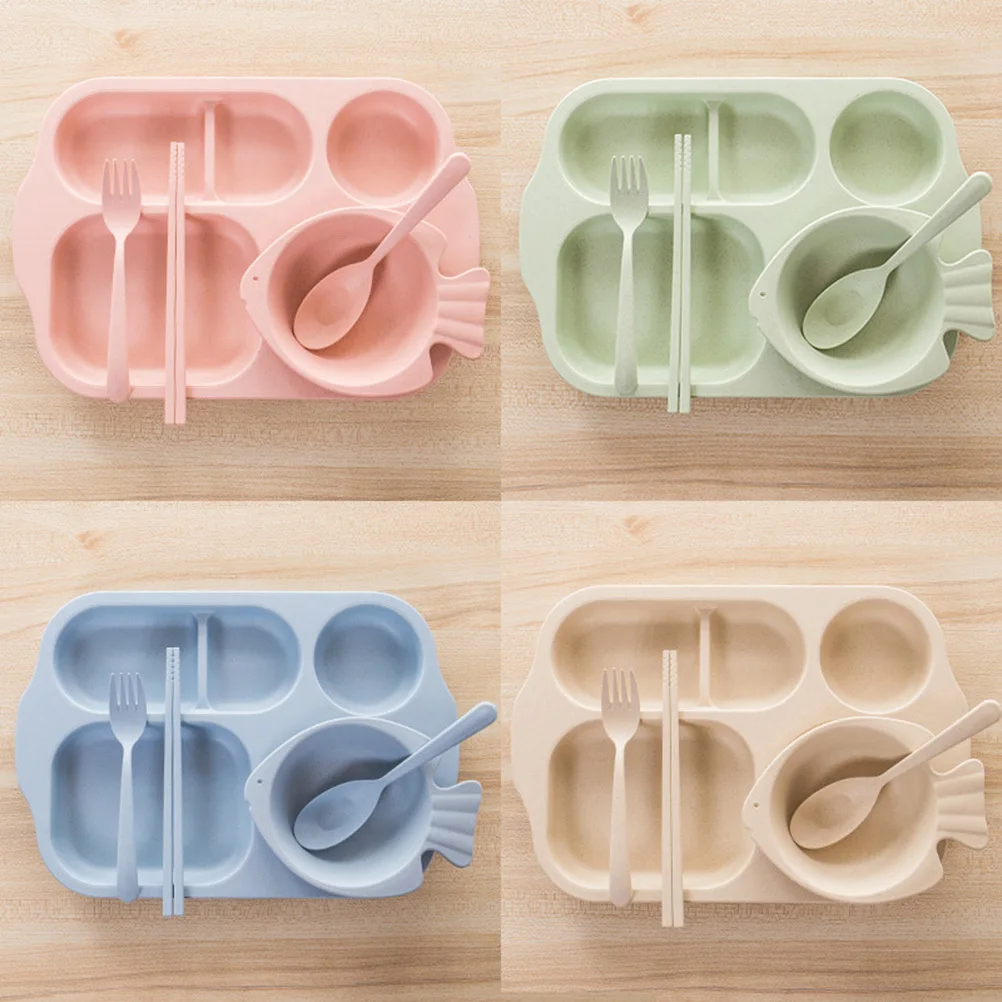 

5pcs Set Children'S Food Grade Wheat Straw Plates Durable Dining Tray For Babies Safe Baby Bowls With Dividers Easy