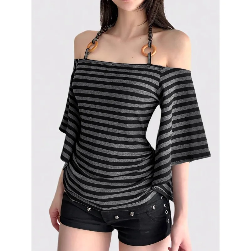 

Vintage Contrast Color Striped Halter Short Sleeve T-shirt Women 2025 Summer New American Off-shoulder Sexy Slim Crop Tops