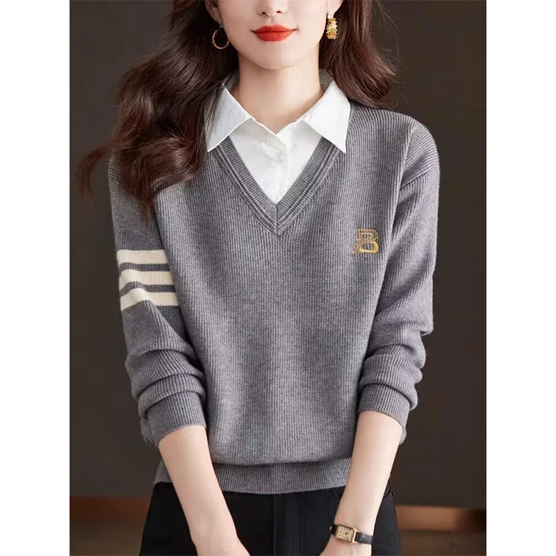 Female Top Casual Solid Chic Loose Sweaters Women Clothing Knitted Spliced Daily Fashion Knitwear Spring Autumn New Jumpers