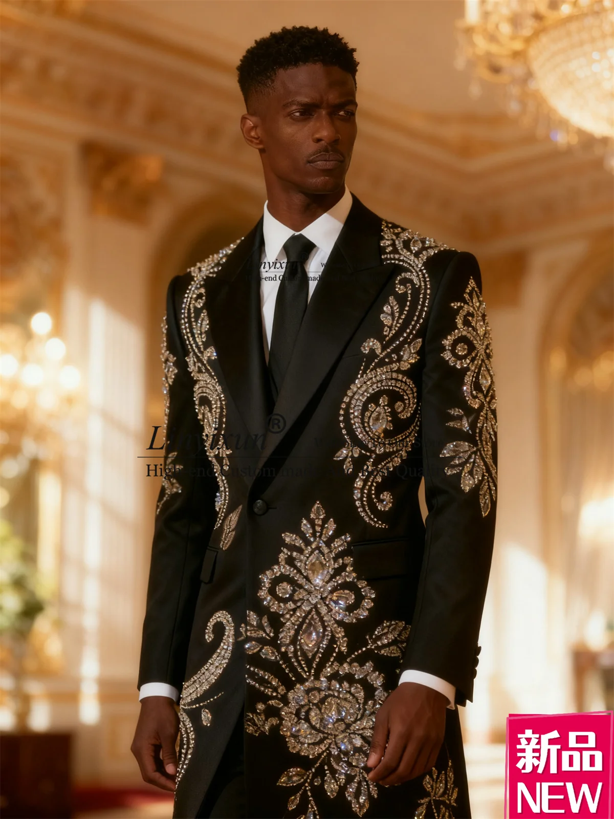 

Блестящие свадебные костюмы со стразами и бриллиантами для мужчин, комплекты из 3 предметов по индивидуальному заказу, мужские пиджаки для жениха, длинное пальто, брюки, смокинги, Ropa homre