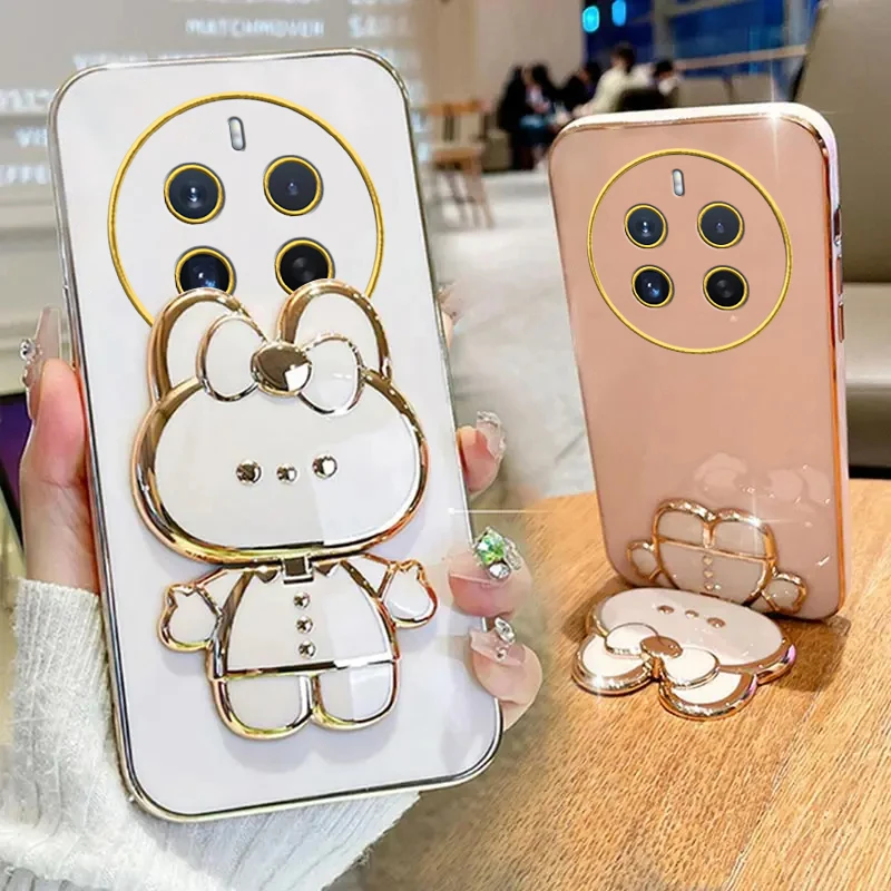 Makeup Mirror Cute Rabbit Phone Holder Case On For Oppo Realme 12 Pro Plus Realme12 Girl Woman Used Luxury Stand Cover