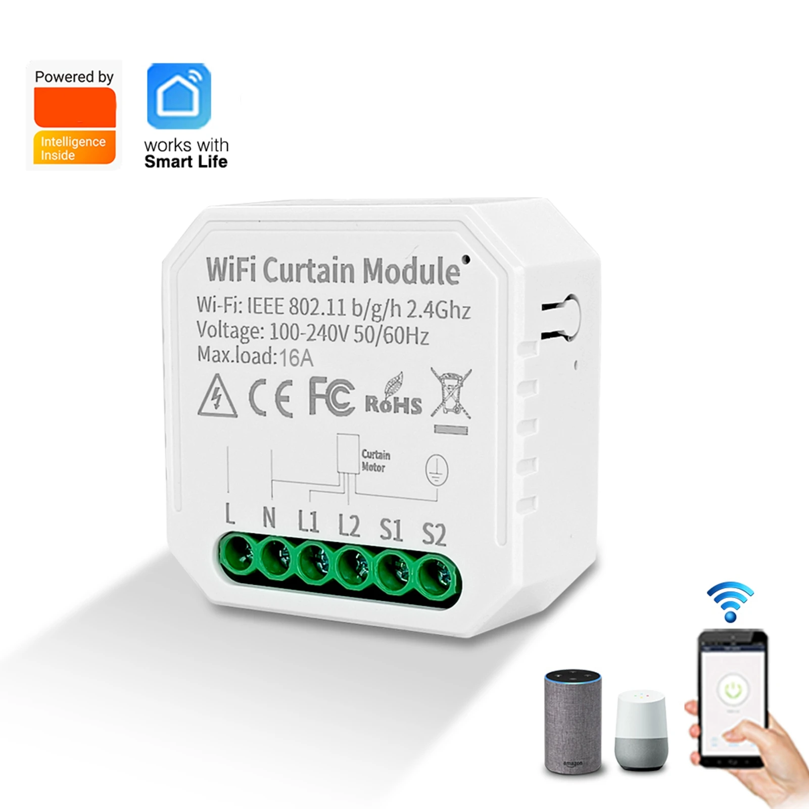 Intelligent Curtain Controller Module 10A Voice Control WiFi 2 Way Curtain Blinds Switch Module for Tuya Smart White