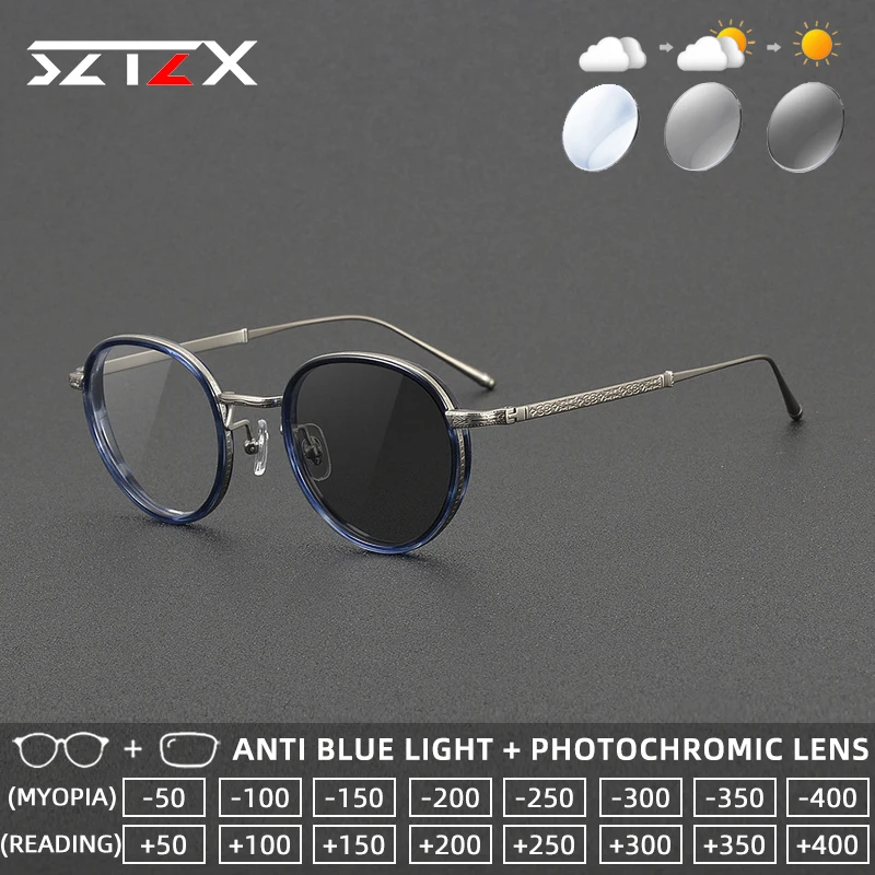 

Легкие фотохромные очки для чтения SZTZX с защитой от синего света, ацетатная оправа, титановые дужки, прогрессивные линзы по рецепту