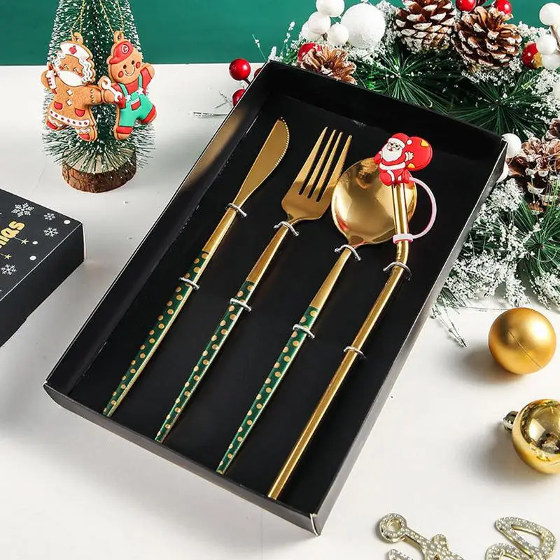 Spoon Fork Christmas Cutlery Fork Spoon Straw Serving Utensil Dinnerware Kit 4pcs Smooth And Sturdy Stainless Steel Christmas