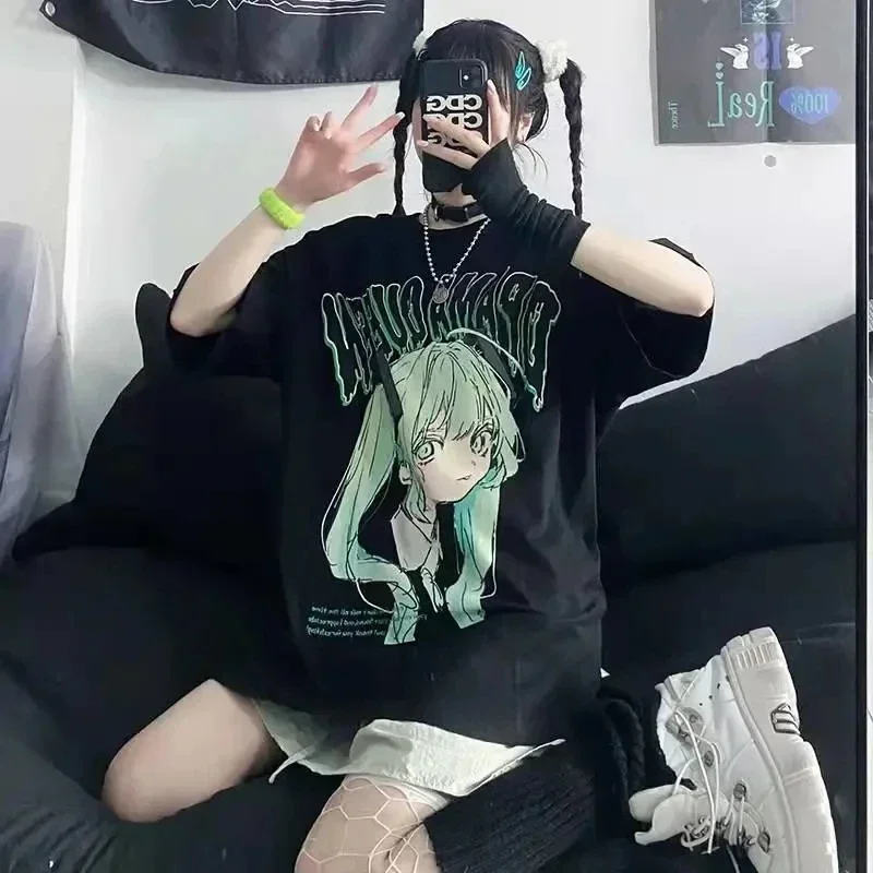 Anime Black Casual Women T-shirts Harajuku Cartoon Gothic Girl Print Y2k Tops Korean Loose Short Sleeved T Shirt Female