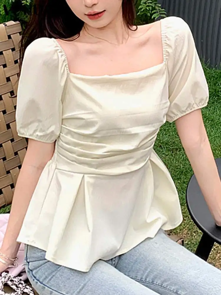 VONDA Women Tops 2024 Sexy Square Collar Tunic Summer Blouse Short Puff Sleeve Tops Fashion Casual Loose Solid Color Blusas