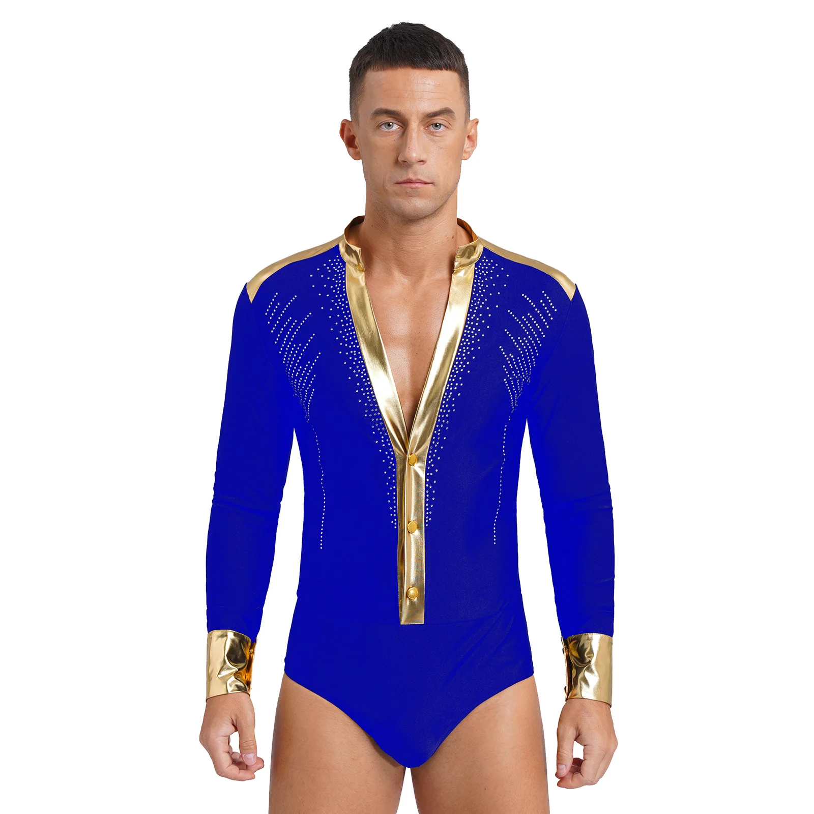 Mens Latin Dance Leotard Shirts Shiny Gold Trim V Neck Long Sleeve Tuxedo Bodysuits Modern Jazz Latin Rumba Ballroom Costume