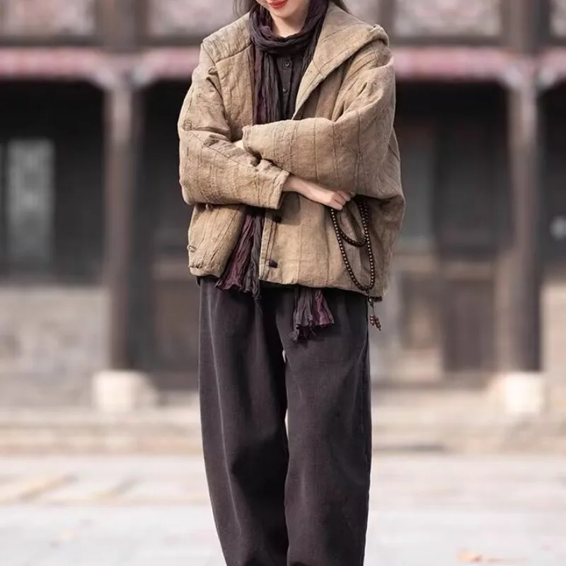 Chaqueta de Lino y Aodón ueso Teñida Corta con Capucha Estilo Chino Retro con Botones Abrigo de Invierno para Mujer Aod...