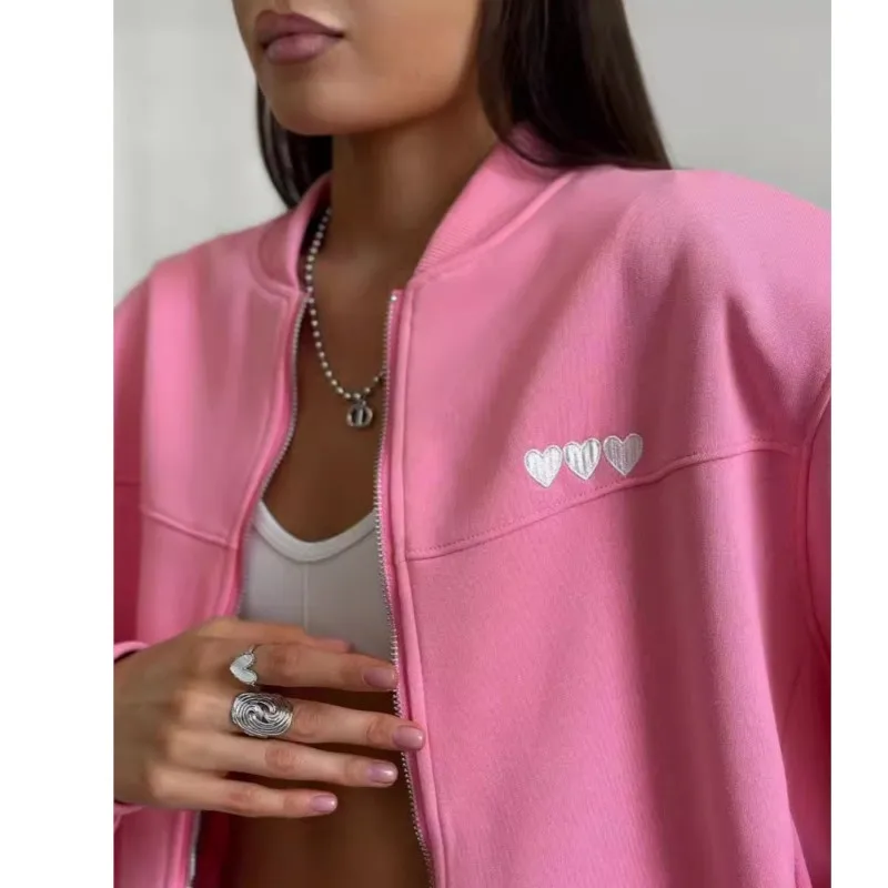 Fashion Embroidery Women Bomber Jacket O-neck Zipper Long Sleeved Loose Short Coat 2025 Casual High Street Lady Office Outerwear